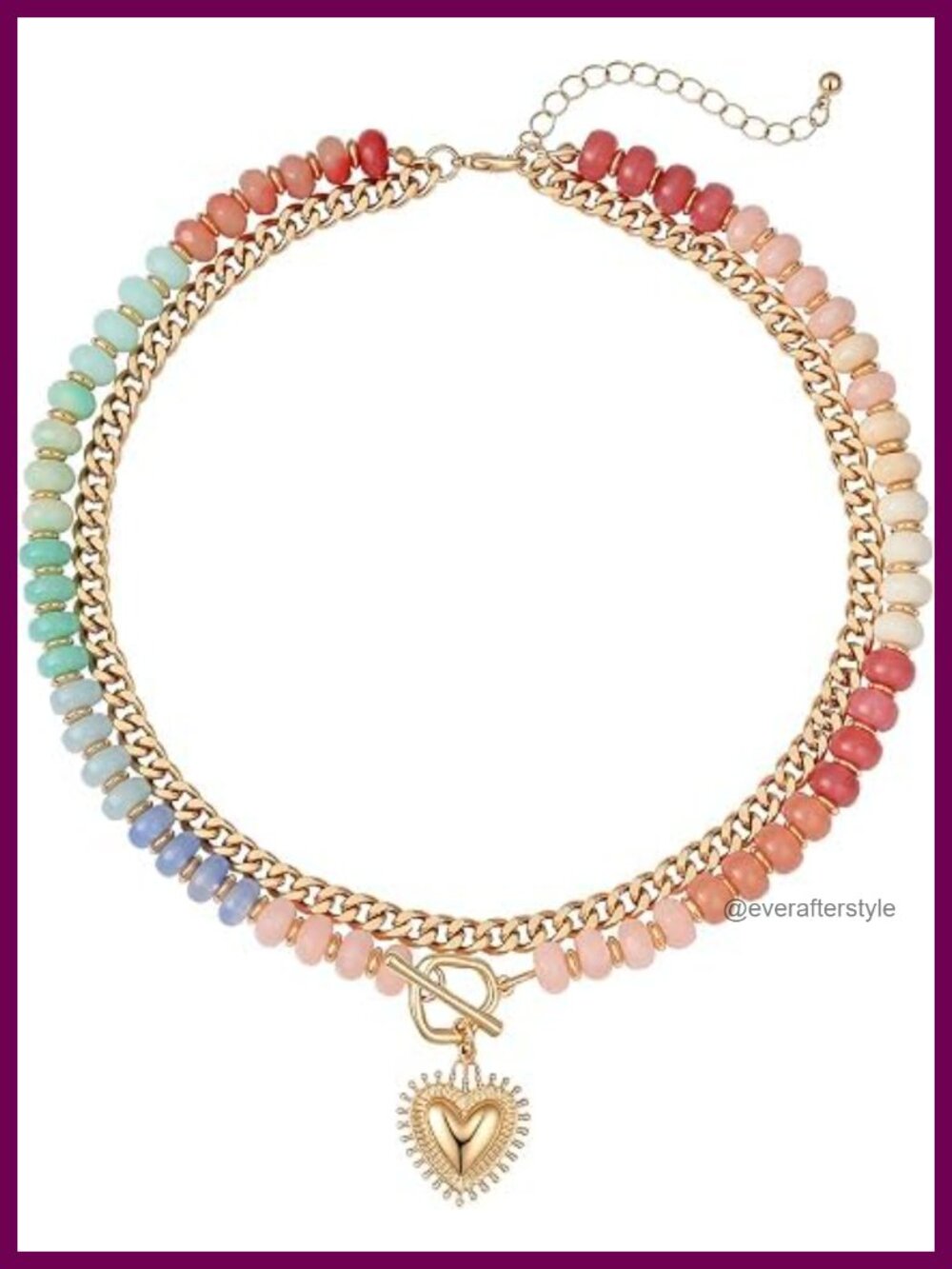 Natural Stone Layered Necklace 14K Gold Plated Heart Pendant